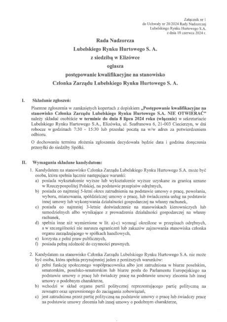 Ogłoszenie o&nbsp;postępowaniu kwalifikacyjnym na&nbsp;stanowisko Członka Zarządu Lubelskiego Rynku Hurtowego S.A.