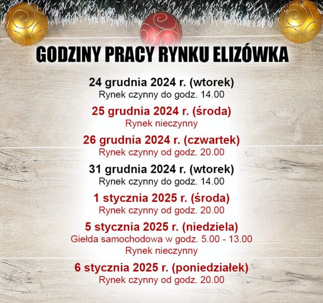 Godziny pracy Rynku w&nbsp;dniach 24.12.2024 – 6.01.2025