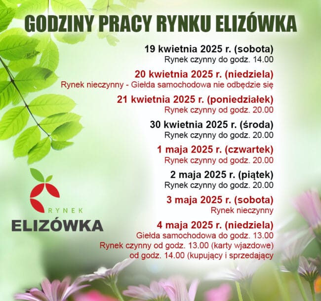 Godziny pracy Rynku Elizówka w&nbsp;Święta Wielkanocne i&nbsp;Weekend Majowy
