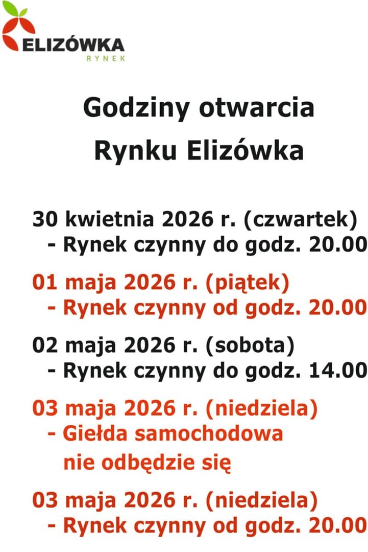 Godziny pracy Rynku Elizówka w dniach 30.04 – 03.05.2026r.