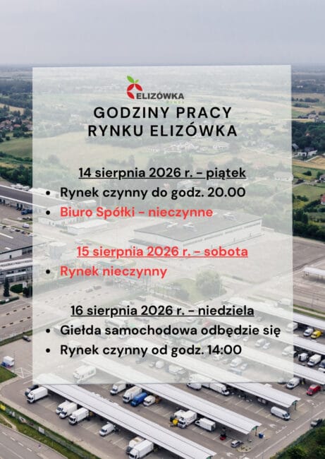 Godziny otwarcia Rynku Elizówka 14 -16 sierpnia 2026&nbsp;r. (niedziela)