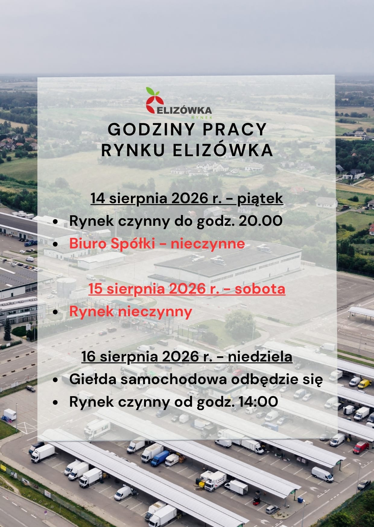 Opening hours of Elizówka Market August 14-16, 2026 (Sunday)